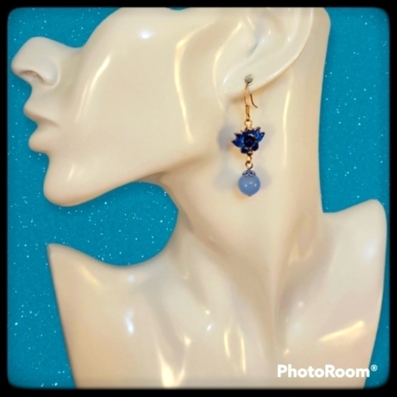 handmade Glass Beaded Cloissine Lotus Dangle Hook Earrings - Picture 1 of 3